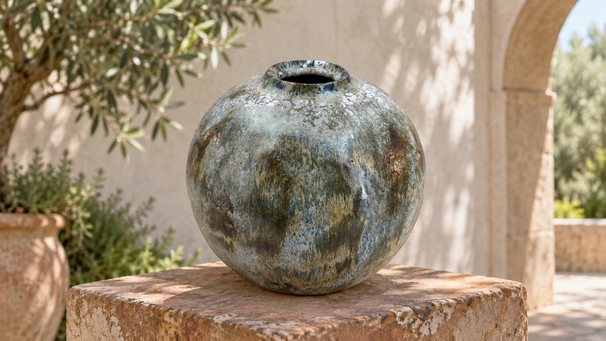 AI-generated setting : Vase — blue-grey and olive tones, scene 2.