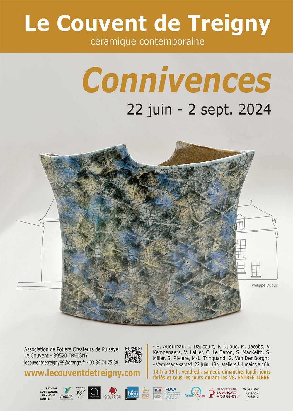 Poster for Connivences at Le Couvent de Treigny in 2024, featuring a ceramic credited to Philippe Dubuc.