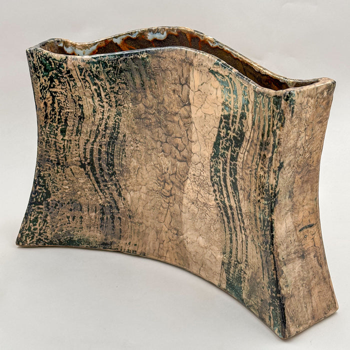 Wave vase in cream, green and dark grey by Philippe Dubuc, full view.