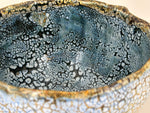 Schale in Hellblau mit ockerfarbenem Netz — Detail von Innerem und Rand.