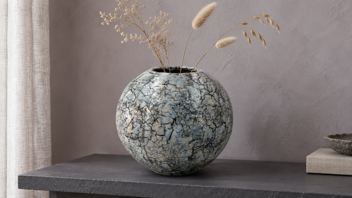 AI-generated setting : Vase — blue-grey with a dark network, scene 2.