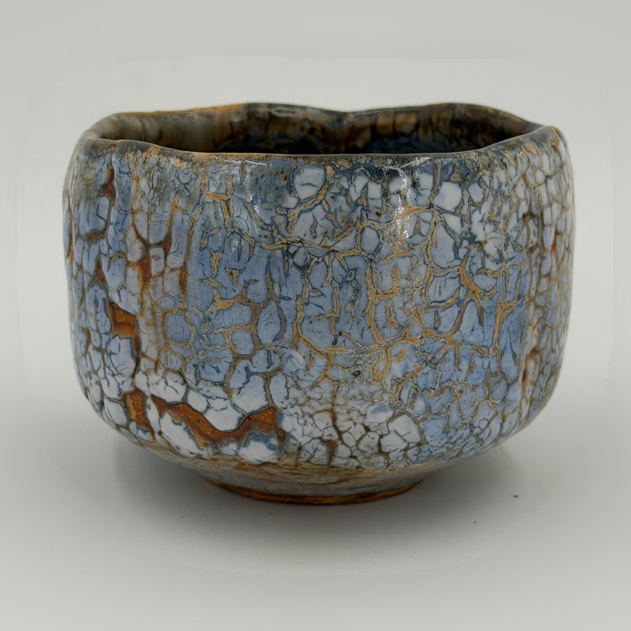 Pale blue chawan with an ochre mosaic — Full view, 1.