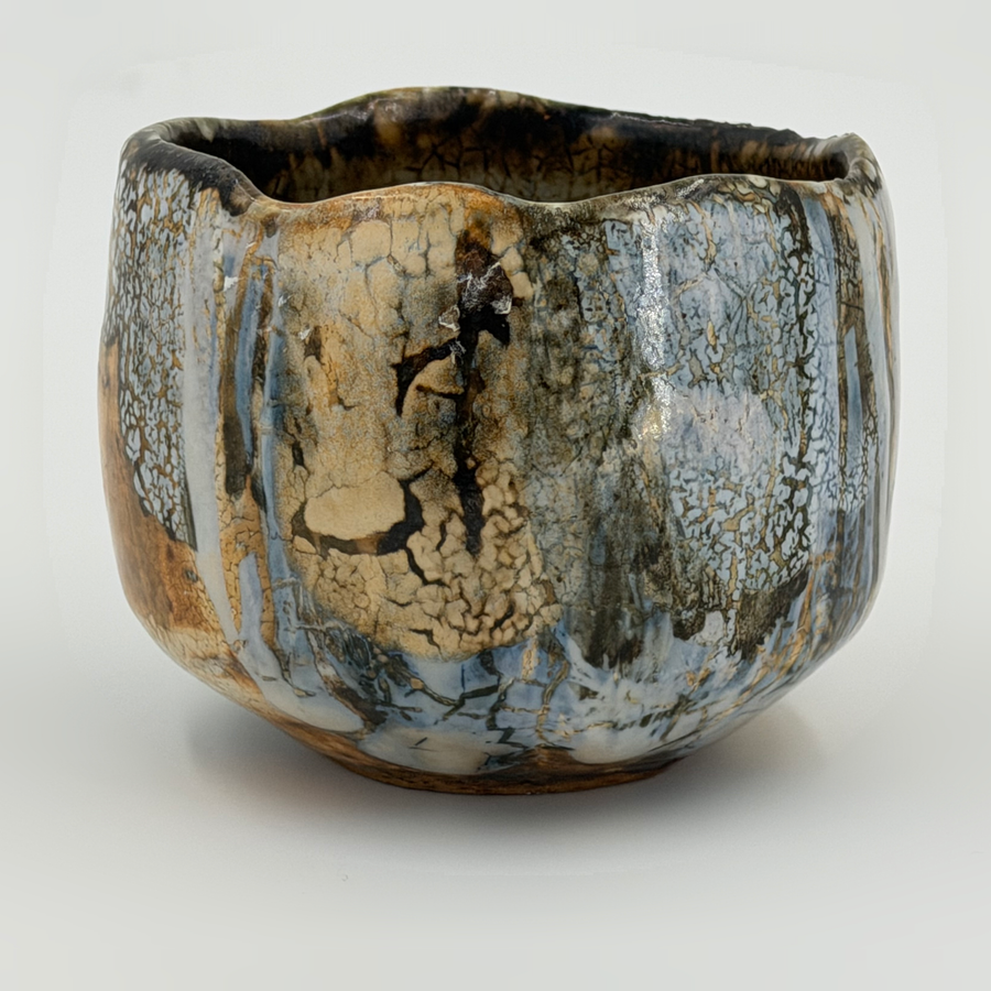 Blue grey chawan with ochre runs — Full view, 1.