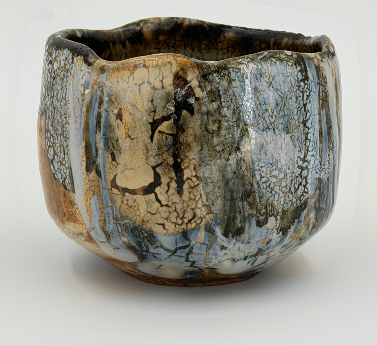 Blue grey chawan with ochre runs — Full view, 1.