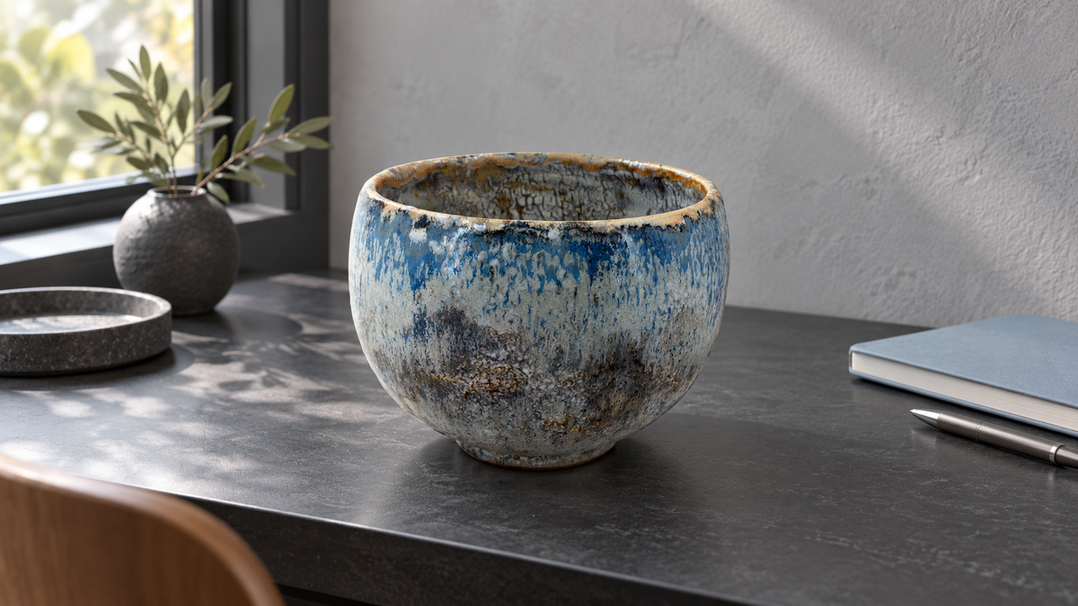 Ambientazione creata con IA : Ciotola — blu e colature crema, scena 2.