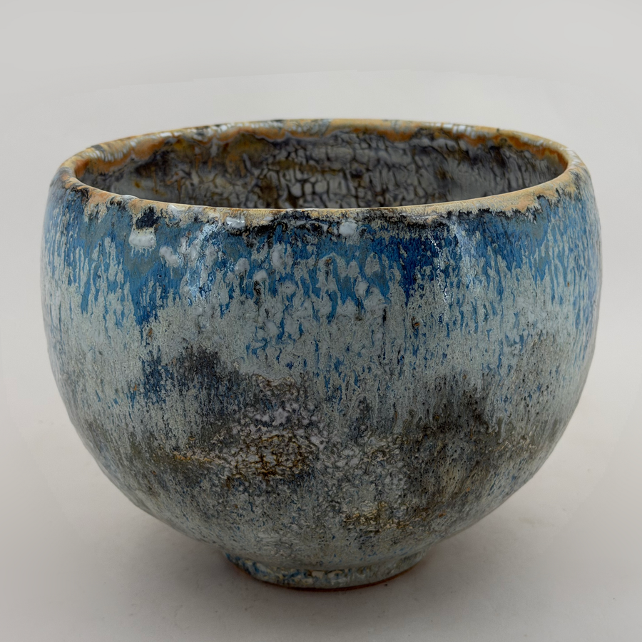 Bowl — blue and cream glaze runs — Full view, 1.