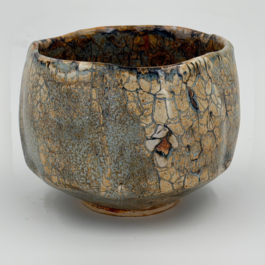 Grey blue chawan with ochre patches — Full view, 1.