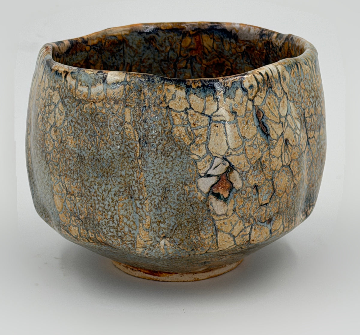 Grey blue chawan with ochre patches — Full view, 1.