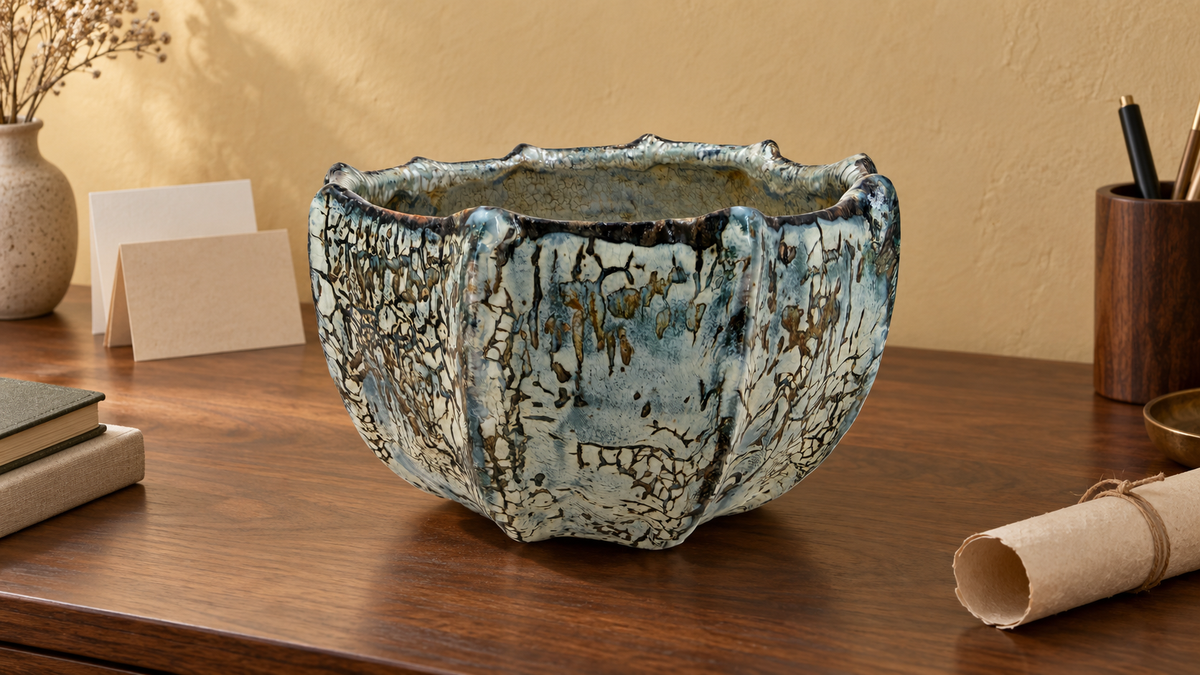 AI-generated setting : Ribbed bowl — blue-grey and brown markings, scene 2.