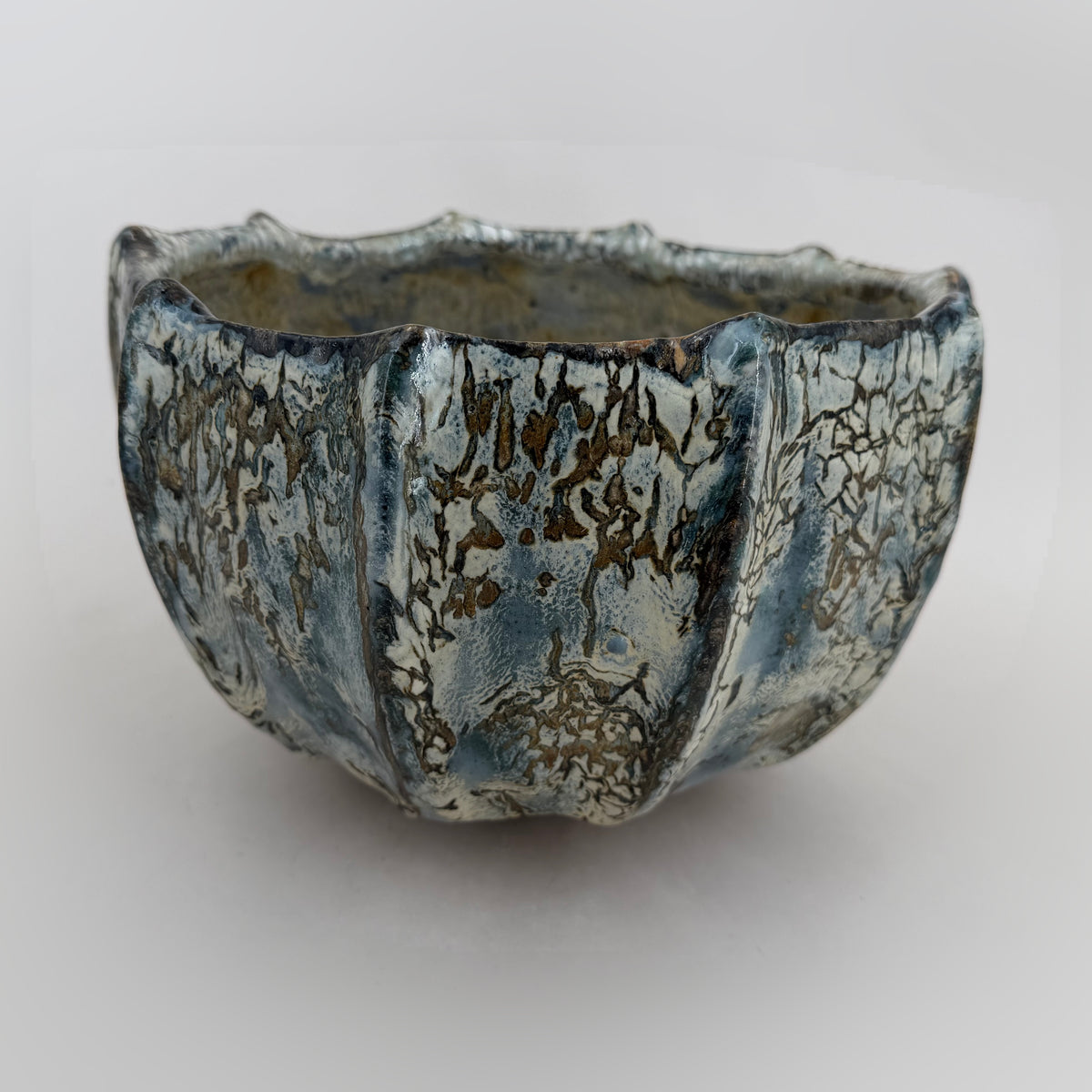Ribbed bowl — blue-grey and brown markings — Full view, 2.