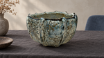 AI-generated setting : Ribbed bowl — blue-grey and brown markings, scene 1.