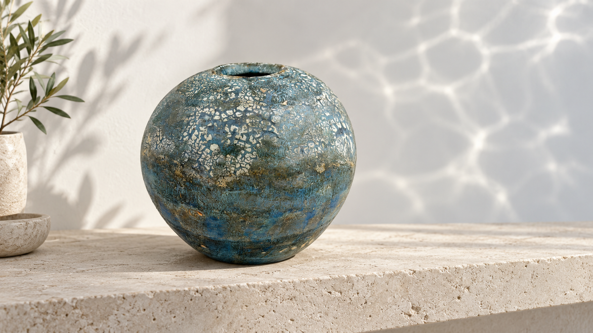 Mise en situation IA : Vase — bleu profond et plages crème, scène 1.
