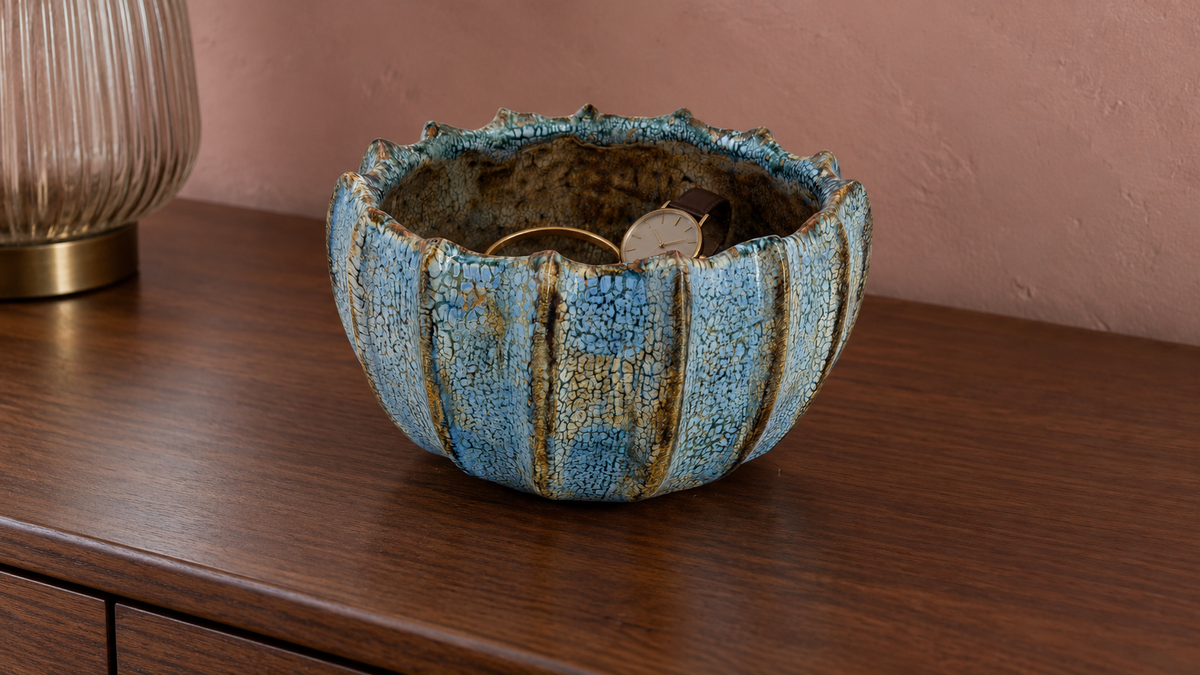 AI-generated setting : Ribbed bowl — pale blue with a brown interior, scene 2.