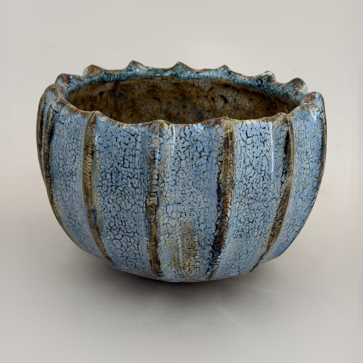 Ribbed bowl — pale blue with a brown interior — Full view, 3.