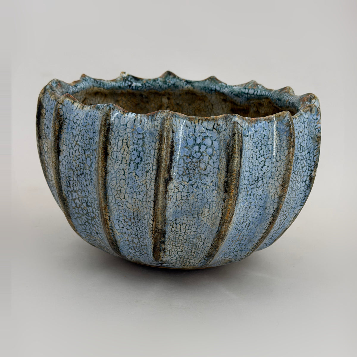 Ribbed bowl — pale blue with a brown interior — Full view, 4.