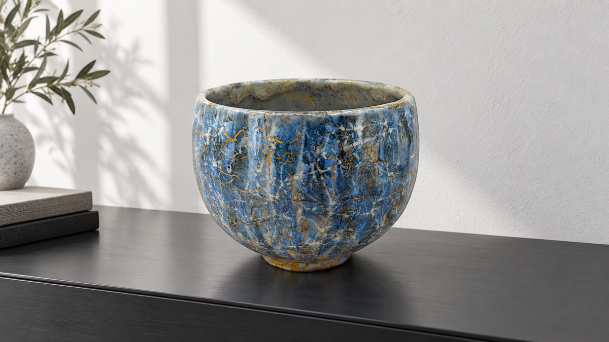 Ambientación creada con IA : Cuenco — azul profundo y trama ocre, escena 1.