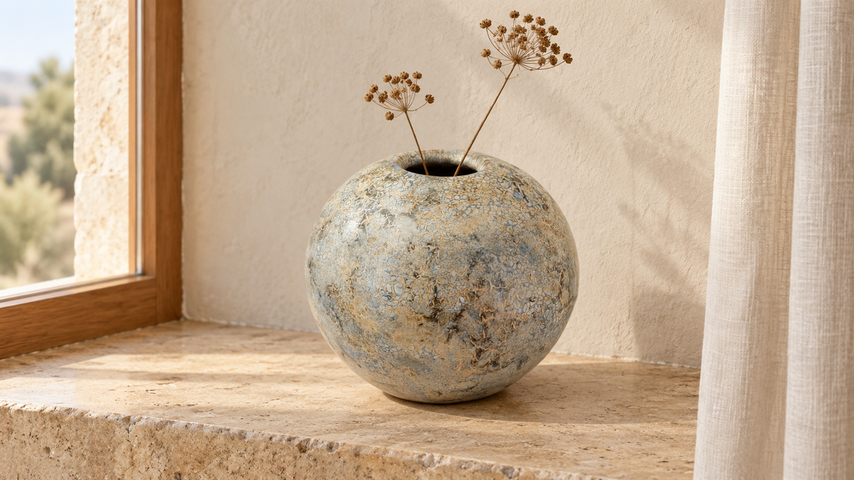 AI-generated setting : Vase — cream, grey and ochre, scene 1.