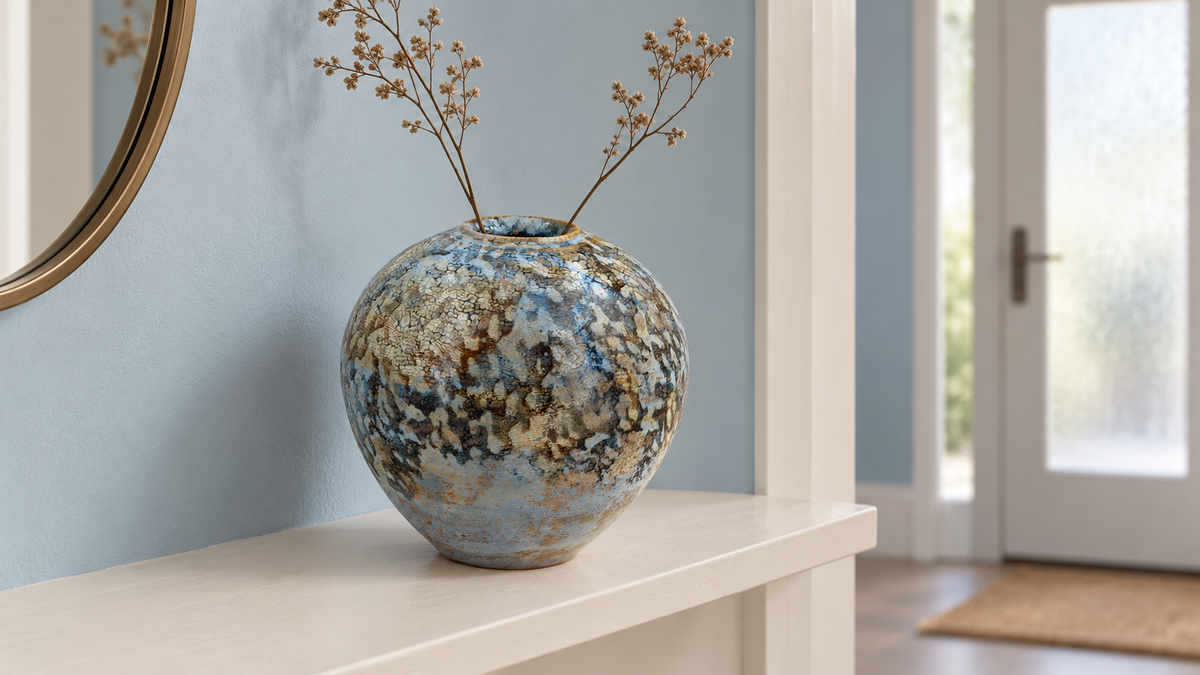 Mise en situation IA : Vase — bleu, crème et accents bruns, scène 2.