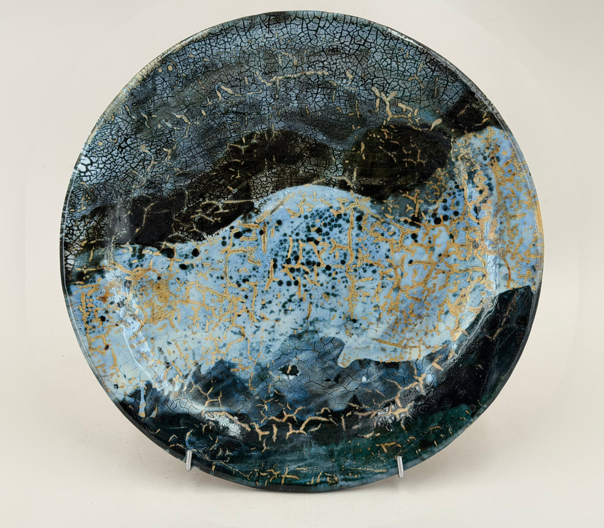 Plate — deep blue and ochre network — Full view, 1.