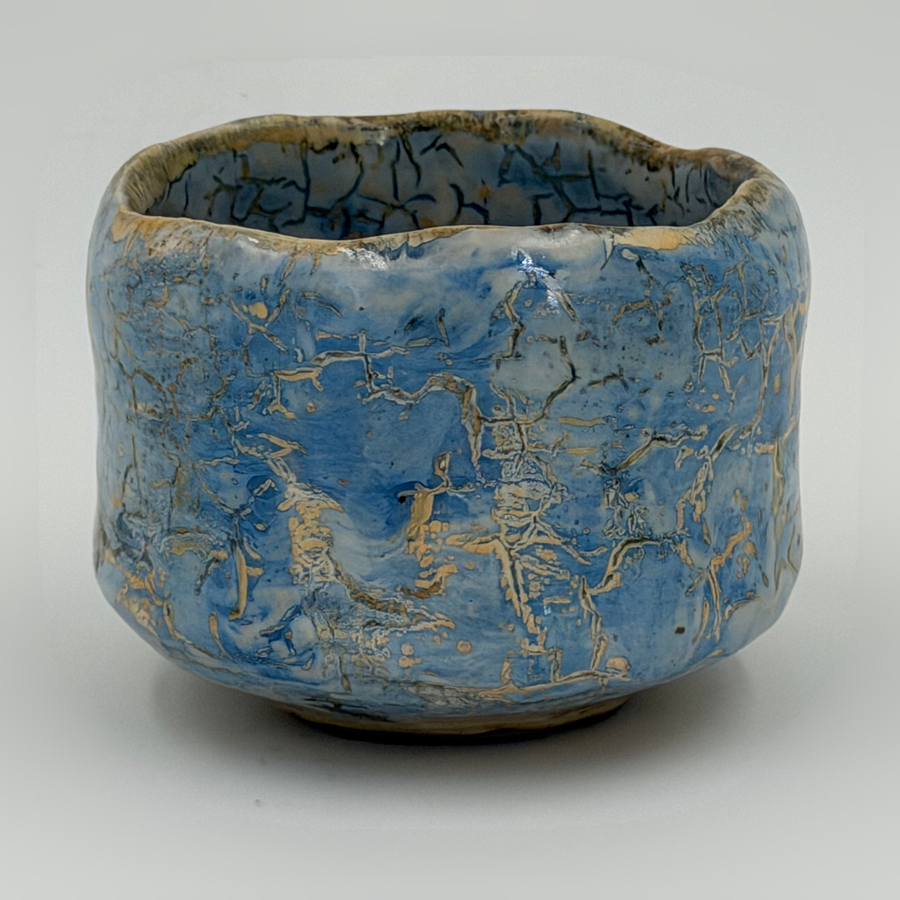 Blue chawan with a golden toned network — Full view, 1.