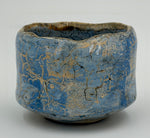 Blue chawan with a golden toned network — Full view, 3.