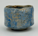 Blue chawan with a golden toned network — Full view, 2.