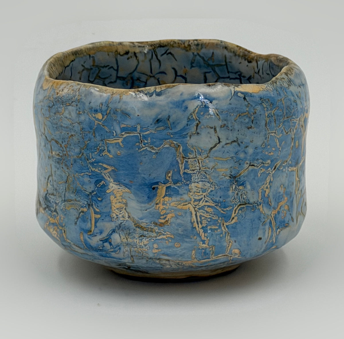 Blue chawan with a golden toned network — Full view, 1.