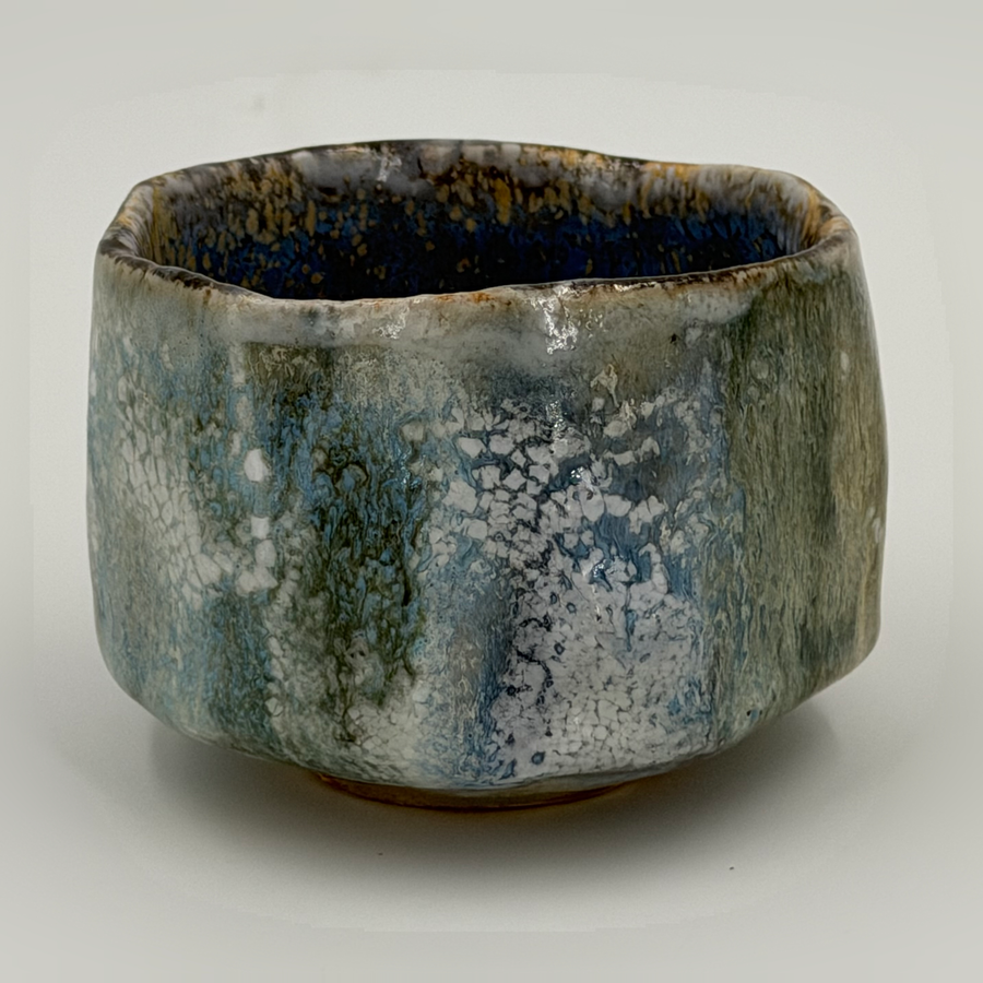 Grey green chawan with a blue interior — Full view, 1.