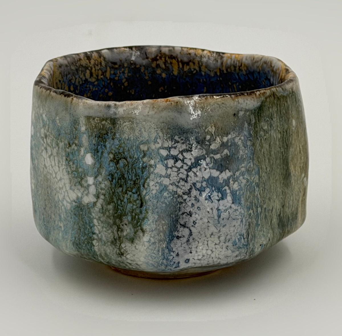 Grey green chawan with a blue interior — Full view, 1.