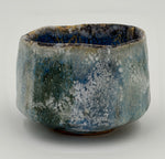 Grey green chawan with a blue interior — Full view, 2.