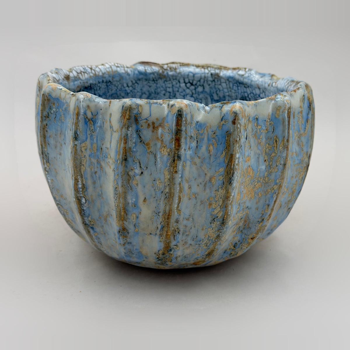 Ribbed bowl — light blue and ochre — Full view, 1.