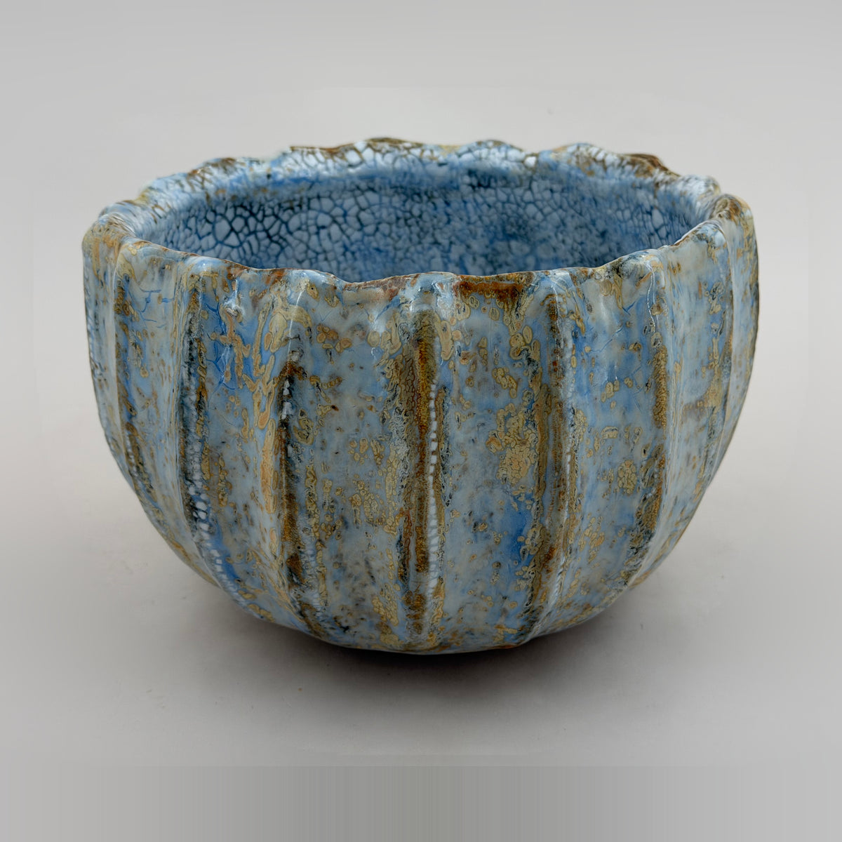 Ribbed bowl — light blue and ochre — Full view, 3.
