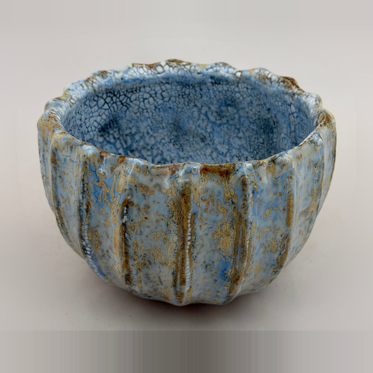 Ribbed bowl — light blue and ochre — Full view, 4.