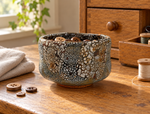 Ambientazione creata con IA : Chawan scuro con isole bianche, su un tavolo con accessori da cucito.