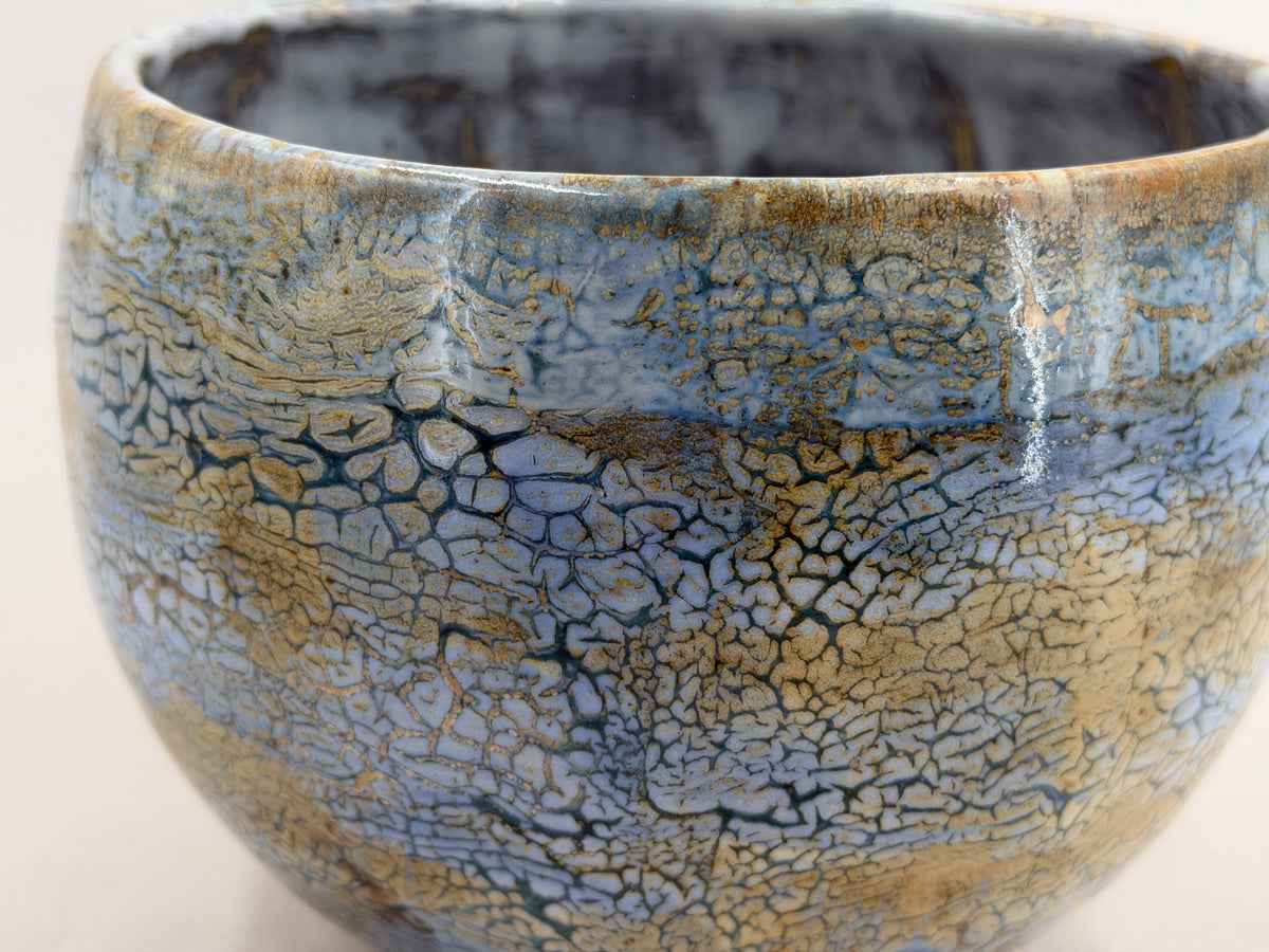Bowl — pale blue with an ochre network — Glaze detail, 4.