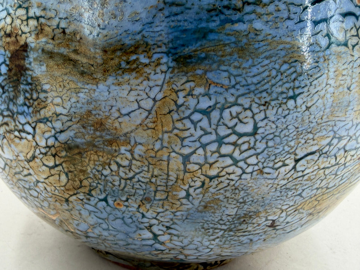 Bowl — pale blue with an ochre network — Glaze detail, 7.