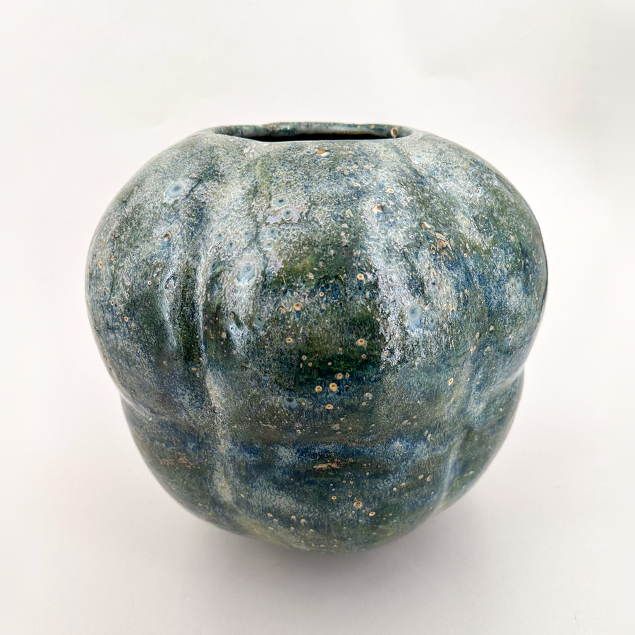 Organic vase in green and blue-grey by Philippe Dubuc, full view.