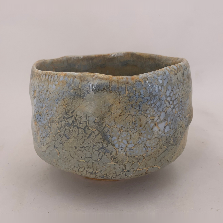 Chawan bowl in blue-grey and pale ochre by Philippe Dubuc, full view.