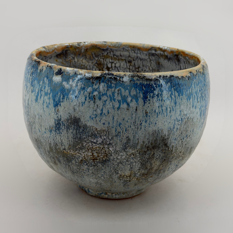Bowl — blue and cream glaze runs — Full view, 1.