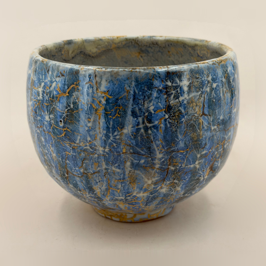 Bowl — deep blue with an ochre network — Full view, 1.