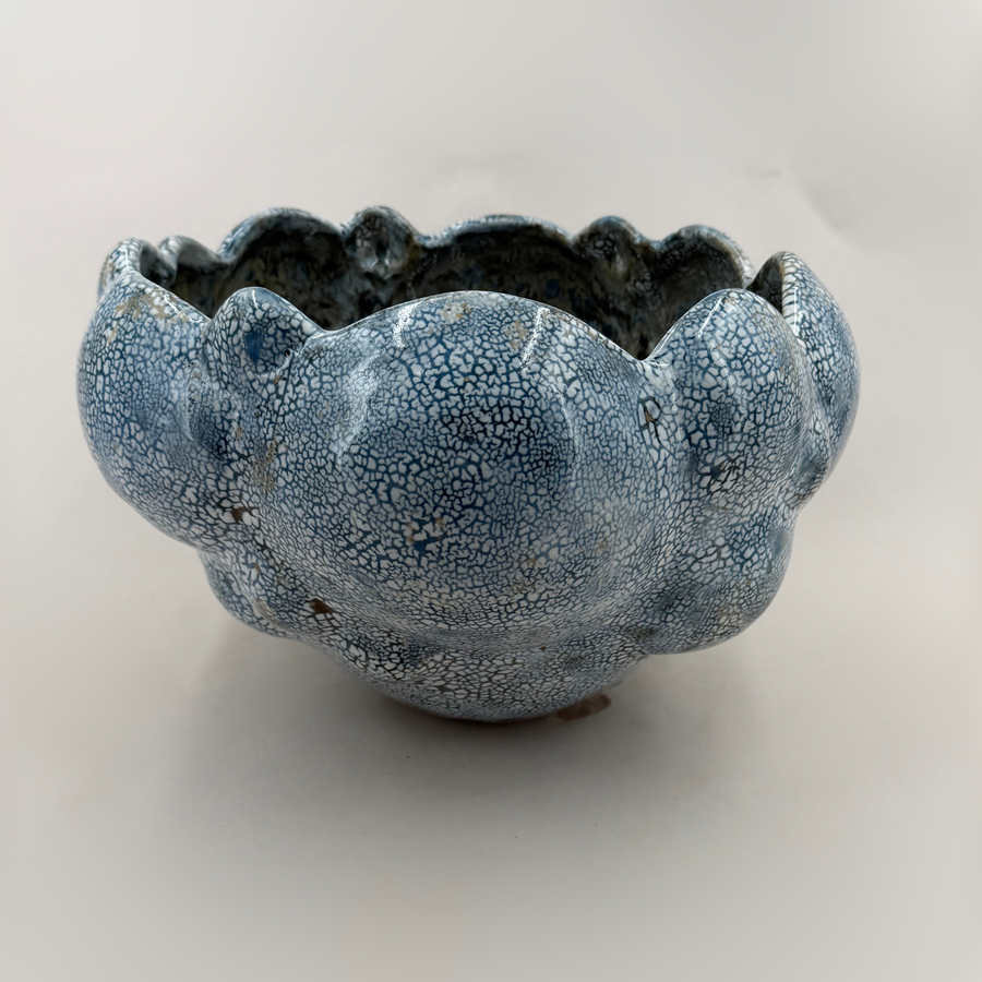 Large bubble bowl — blue-grey with a cream network — Full view, 1.
