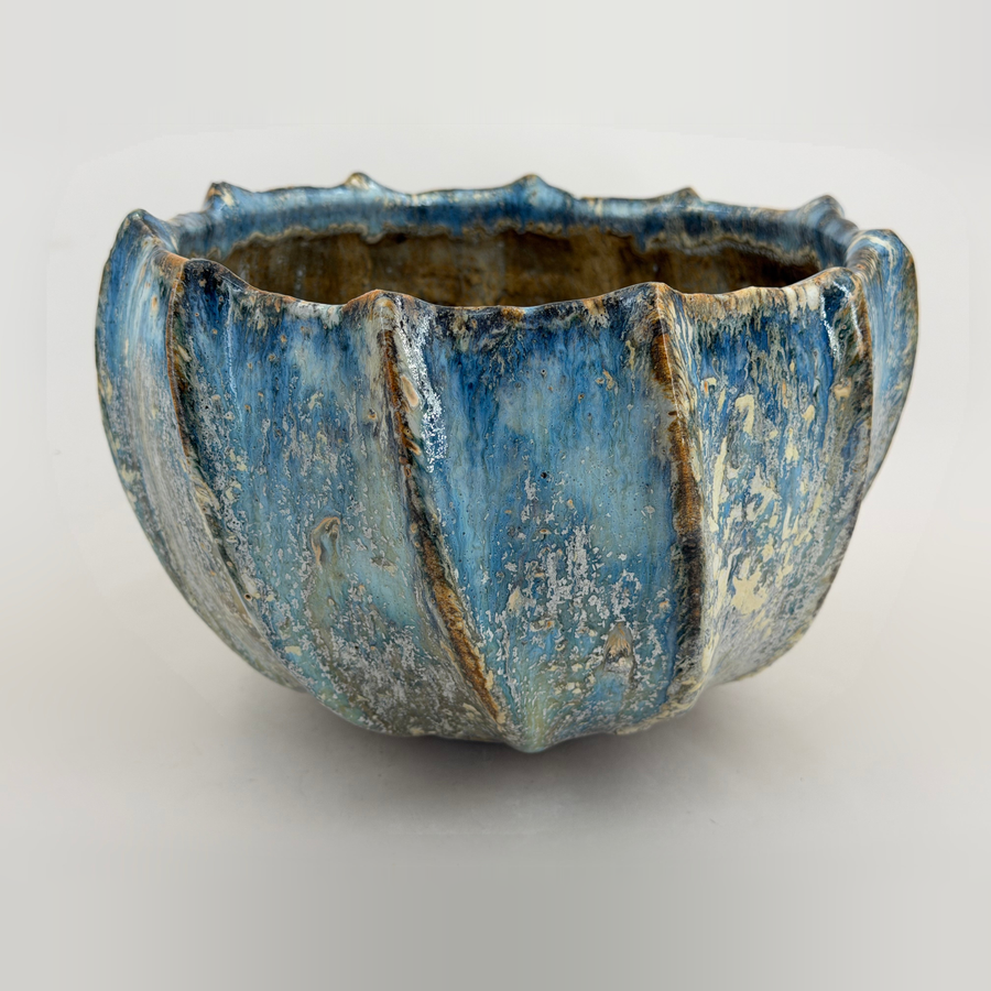 Ribbed bowl — blue with cream accents — Full view, 1.