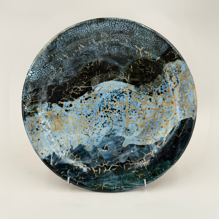 Plate — deep blue and ochre network — Full view, 1.