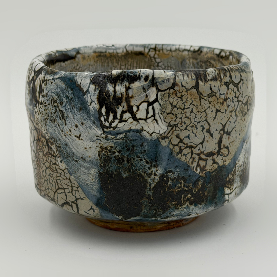 Dark blue chawan with cream areas — Full view, 1.