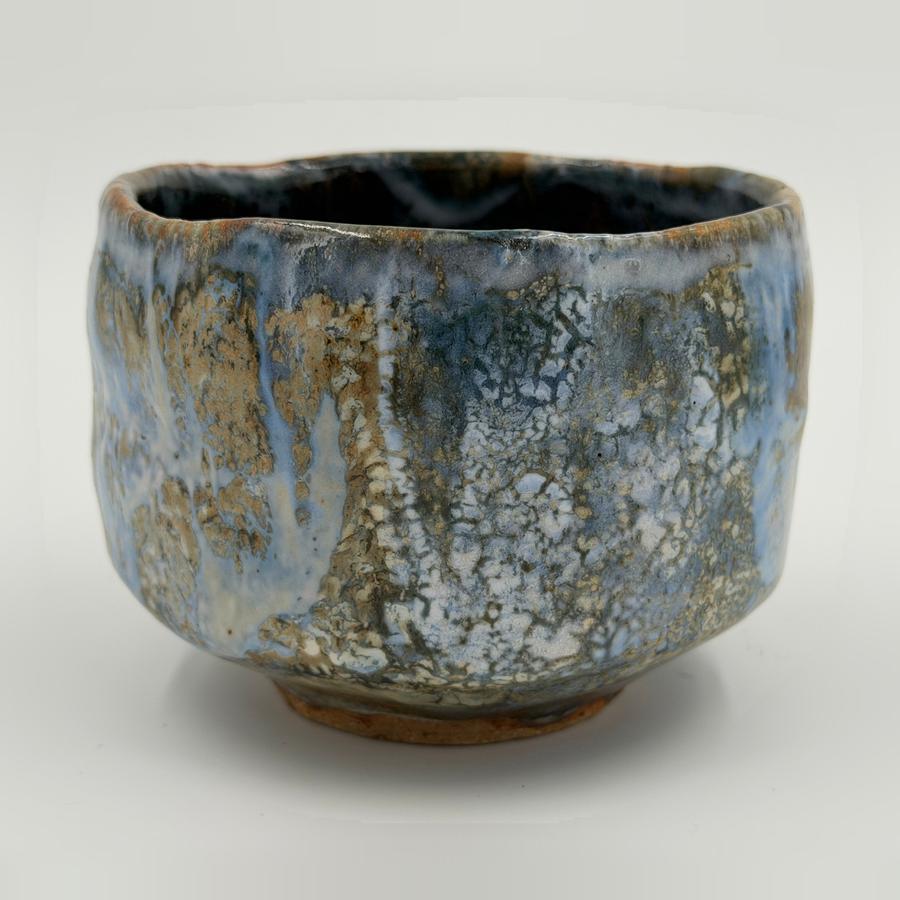 Soft blue chawan with ochre runs — Full view, 1.