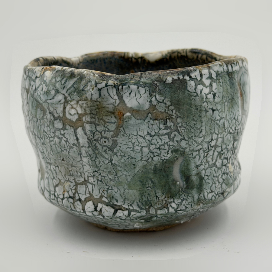 Grey green chawan with a black network — Full view, 1.