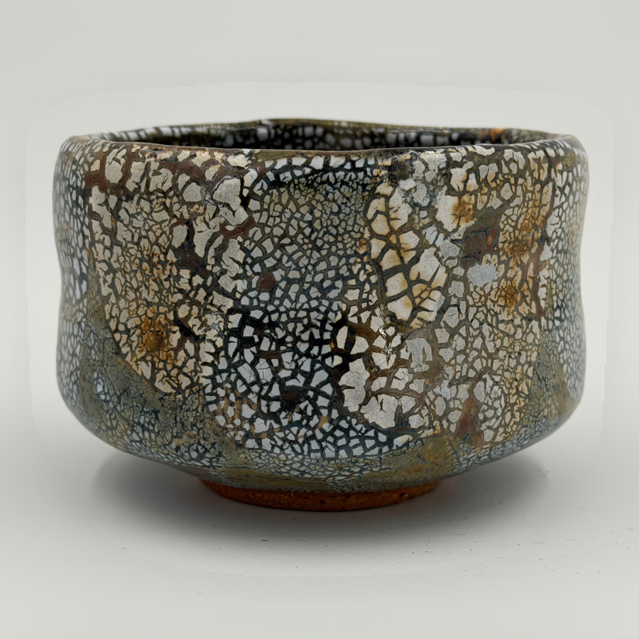 Dark chawan with white islands — Full view, 1.