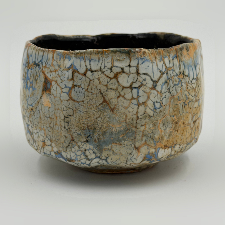 Cream chawan with an ochre mesh — Full view, 1.