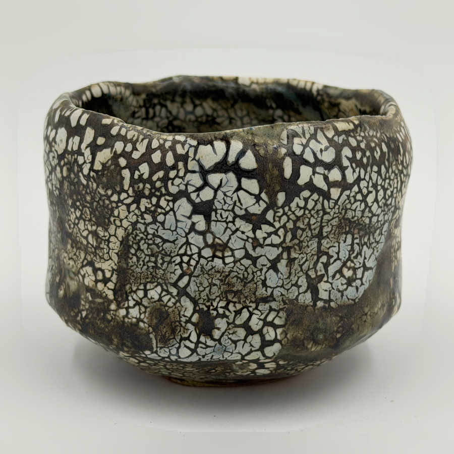 Black brown chawan with cream islands — Full view, 1.
