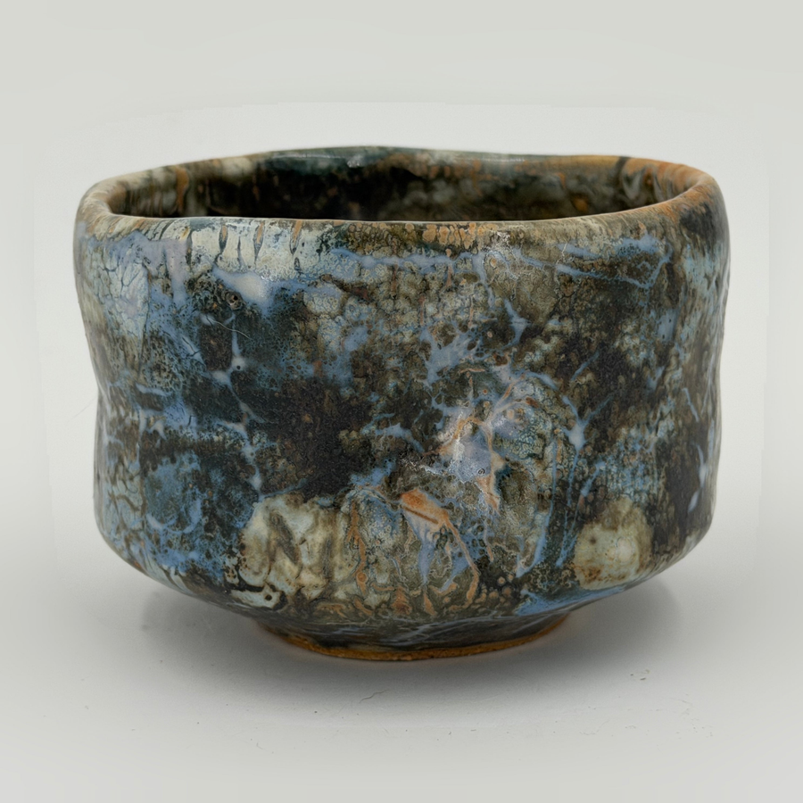 Grey blue chawan with dark patches — Full view, 1.